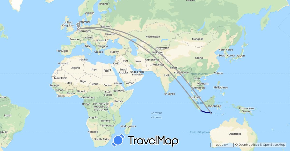 TravelMap itinerary: driving, plane, train, boat in Indonesia, Netherlands (Asia, Europe)